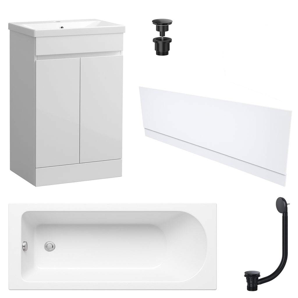 Waterproof 500mm Vanity Unit with Single Ended Bath Gloss White Front Panel Matt Black Bath & Universal Basin Waste Set