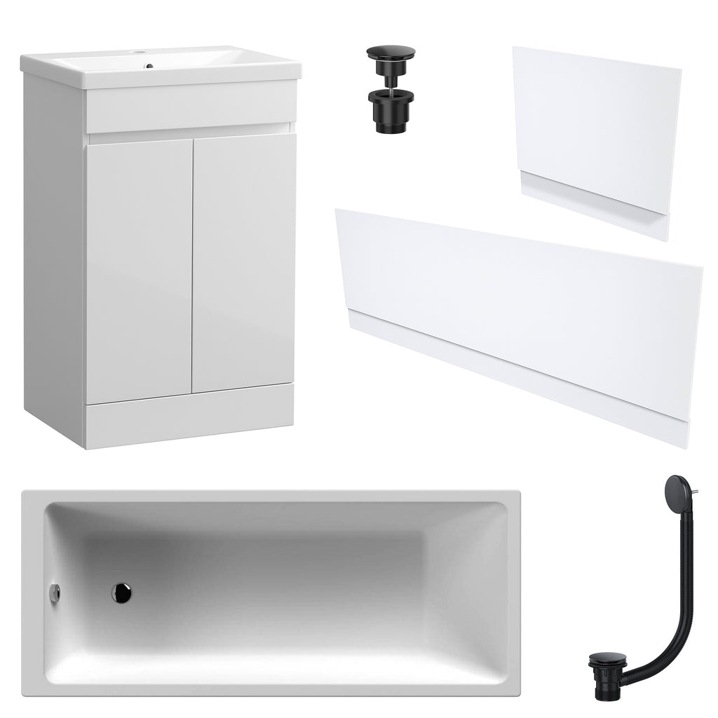 Waterproof 500mm Vanity Unit with Single Ended Bath Gloss White Panel Set Matt Black Bath & Universal Basin Waste