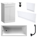 Waterproof 500mm Vanity Unit with Single Ended Bath Gloss White Panel Set Matt Black Bath & Universal Basin Waste