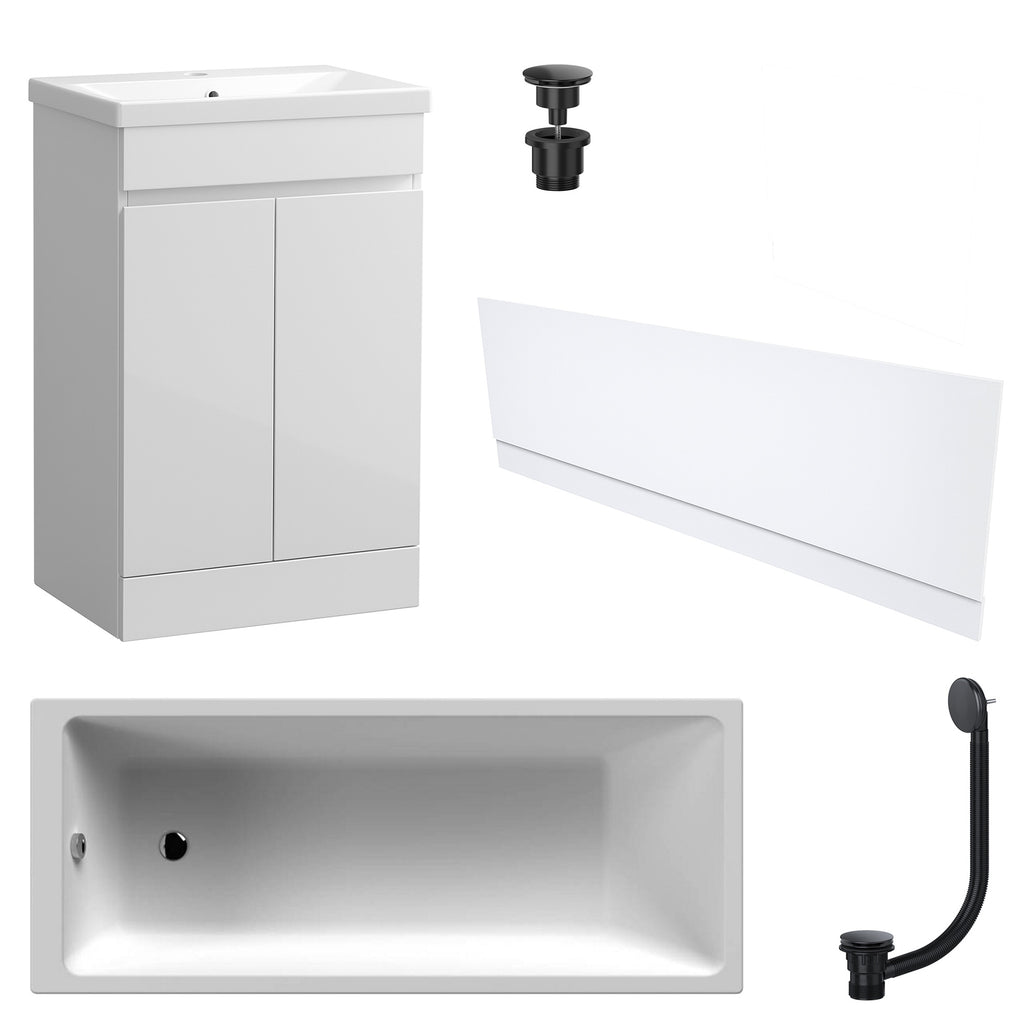 Waterproof 500mm Vanity Unit with Single Ended Bath Gloss White Front Panel Matt Black Bath & Universal Basin Waste Set