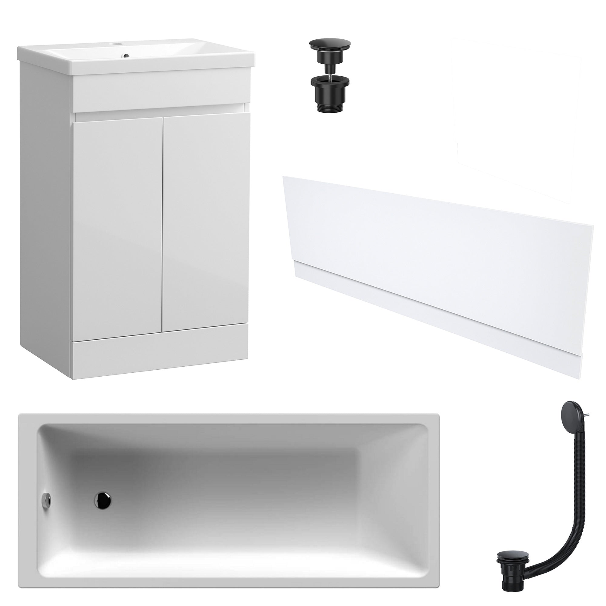 Waterproof 500mm Vanity Unit with Single Ended Bath Gloss White Front Panel Matt Black Bath & Universal Basin Waste Set