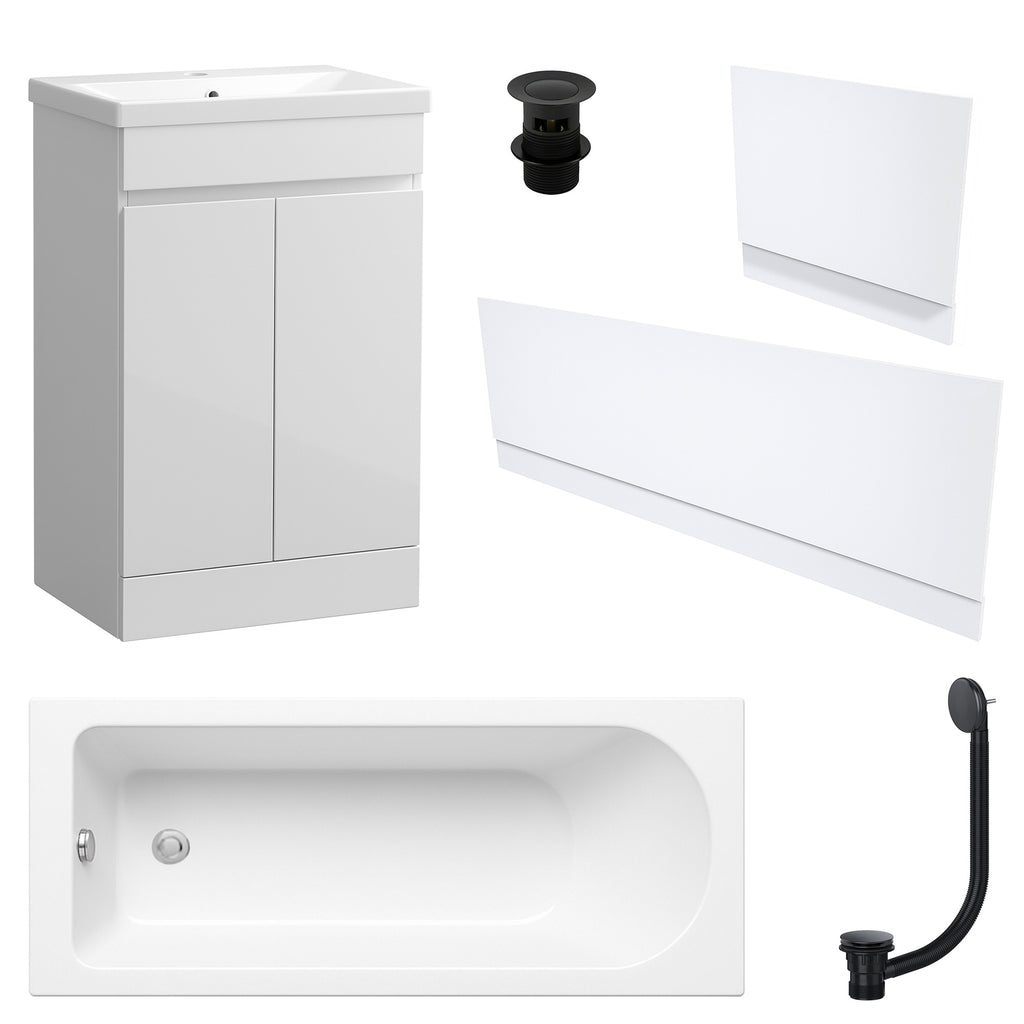 Waterproof 500mm Vanity Unit with Single Ended Bath Gloss White Panel Set Matt Black Bath & Slotted Basin Waste