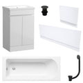 Waterproof 500mm Vanity Unit with Single Ended Bath Gloss White Panel Set Matt Black Bath & Slotted Basin Waste