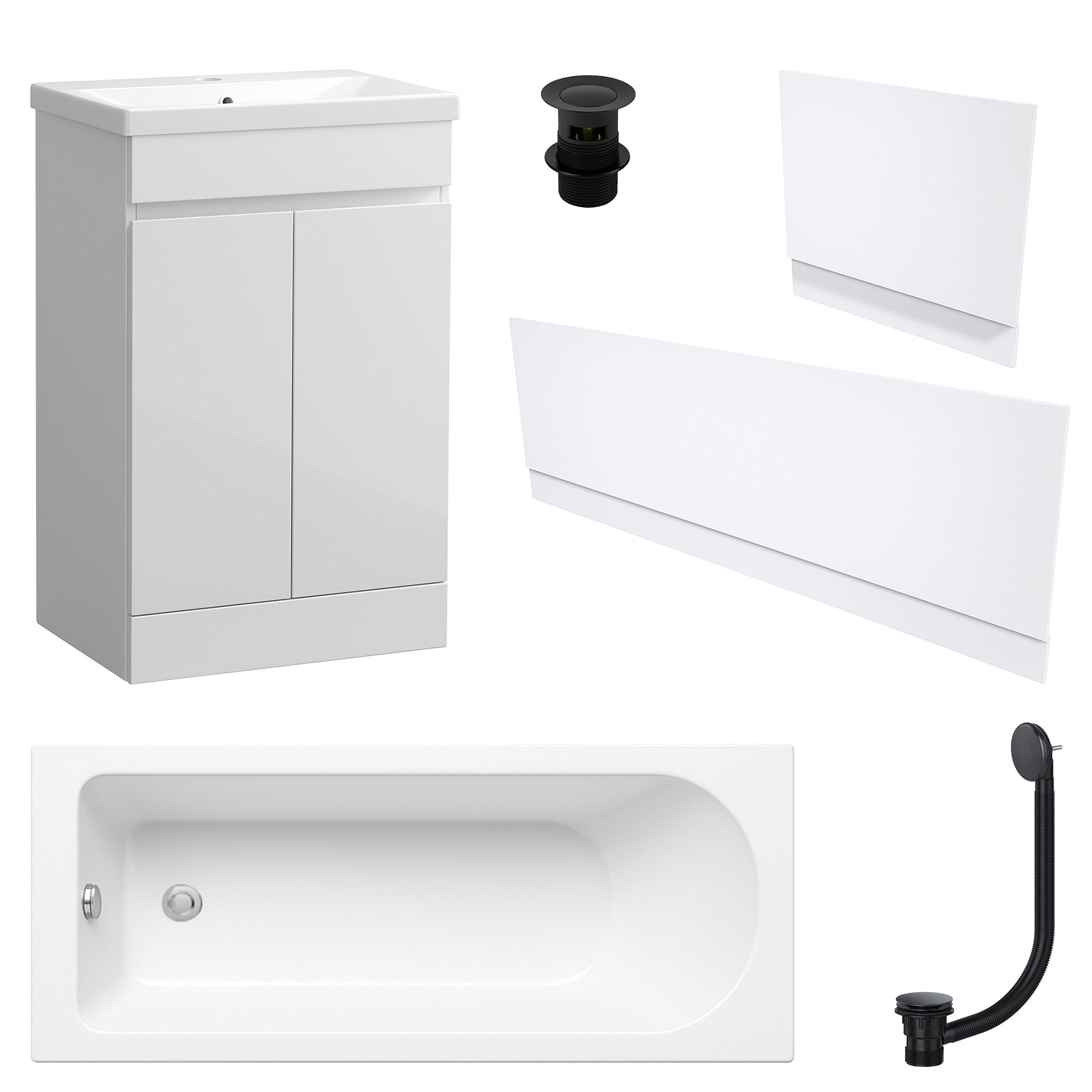 Waterproof 500mm Vanity Unit with Single Ended Bath Gloss White Panel Set Matt Black Bath & Slotted Basin Waste
