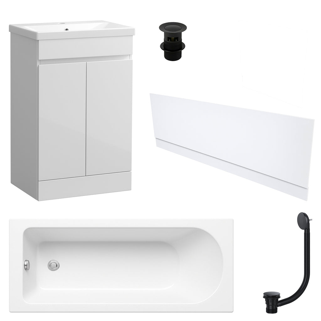 Waterproof 500mm Vanity Unit with Single Ended Bath Gloss White Front Panel Matt Black Bath & Slotted Basin Waste Set