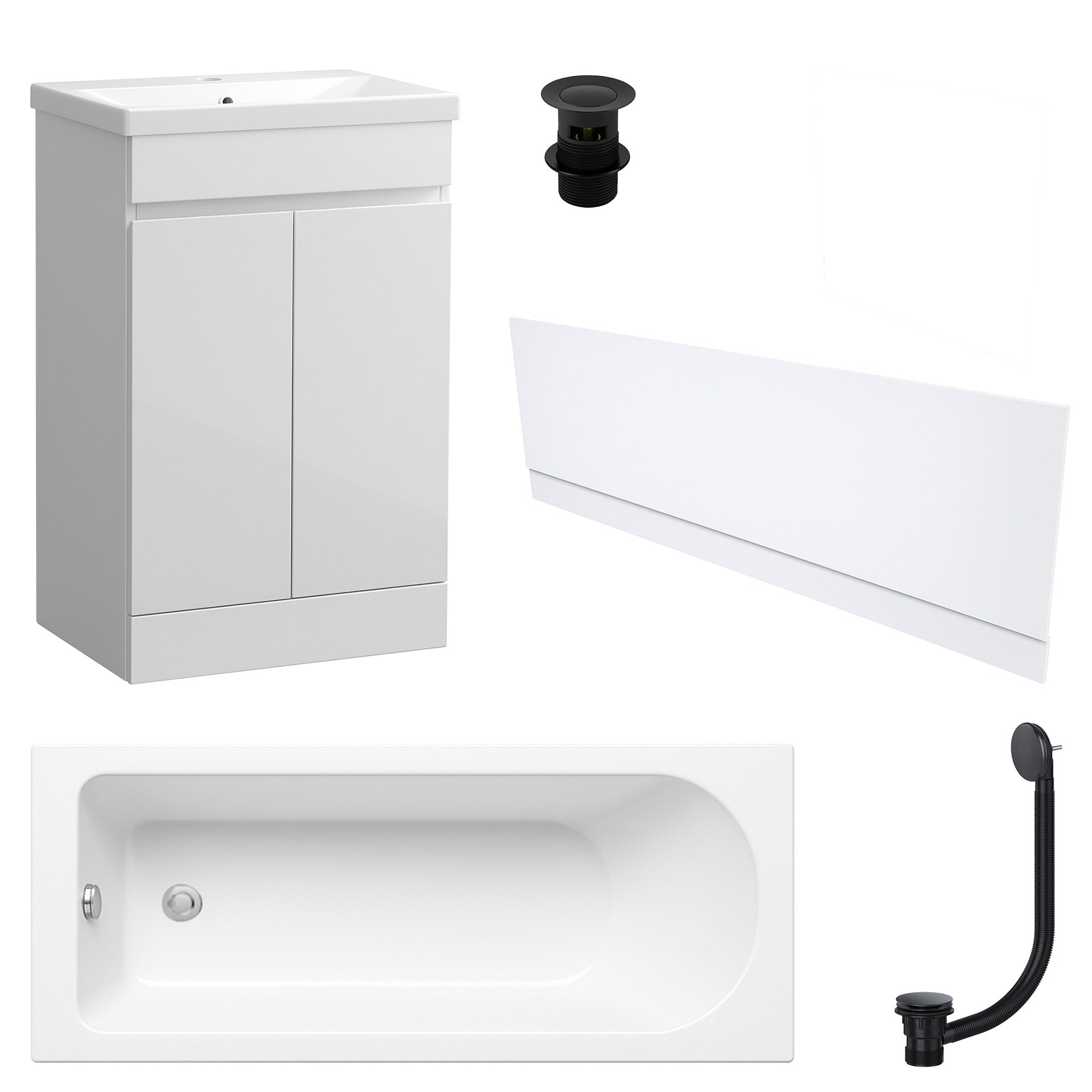 Waterproof 500mm Vanity Unit with Single Ended Bath Gloss White Front Panel Matt Black Bath & Slotted Basin Waste Set