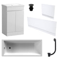 Waterproof 500mm Vanity Unit with Single Ended Bath Gloss White Panel Set Matt Black Bath & Slotted Basin Waste