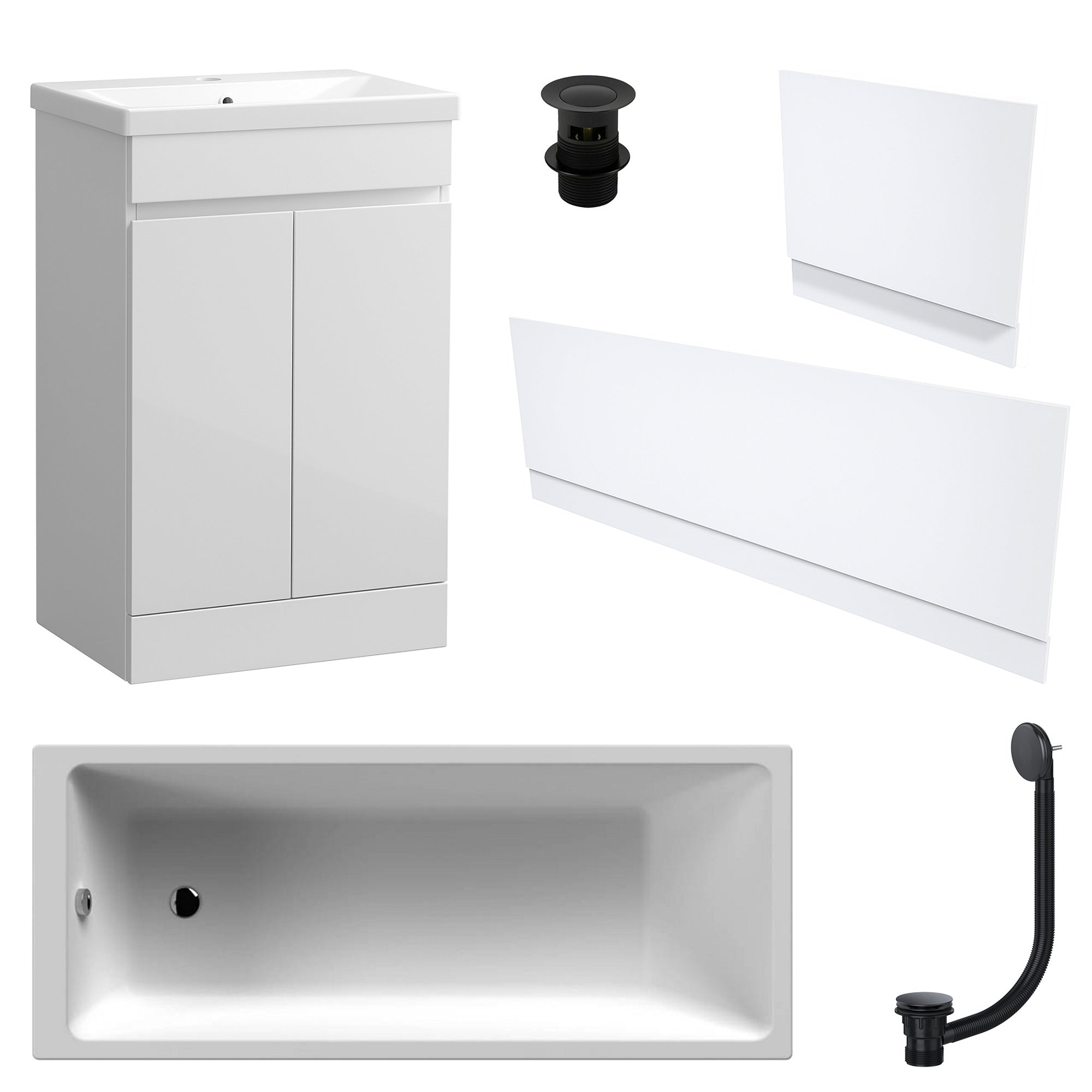 Waterproof 500mm Vanity Unit with Single Ended Bath Gloss White Panel Set Matt Black Bath & Slotted Basin Waste