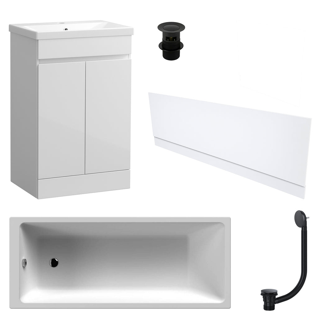 Waterproof 500mm Vanity Unit with Single Ended Bath Gloss White Front Panel Matt Black Bath & Slotted Basin Waste Set
