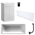 Waterproof 500mm Vanity Unit with Single Ended Bath Gloss White Front Panel Matt Black Bath & Slotted Basin Waste Set