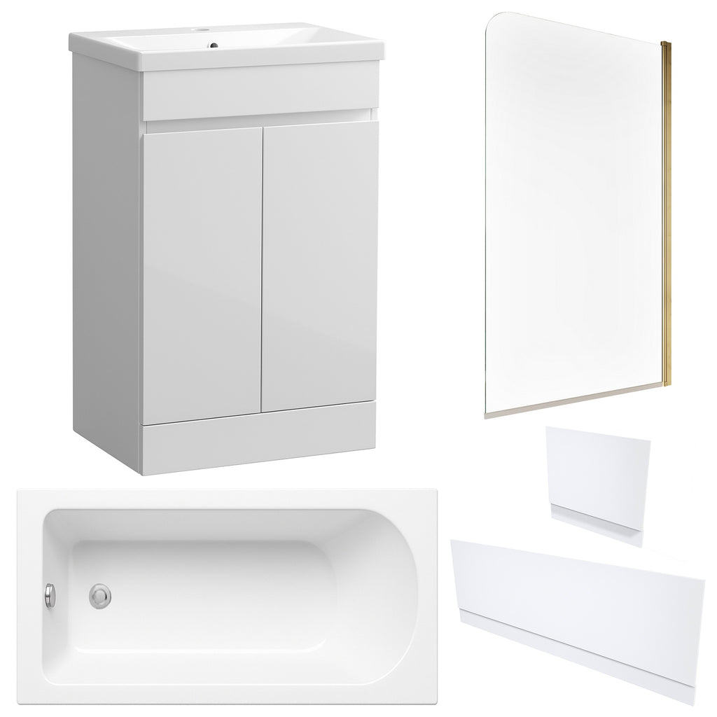 Waterproof 500mm Vanity Unit with Single Ended Bath, Gloss White Panels & Brushed Brass Profile Bath Screen