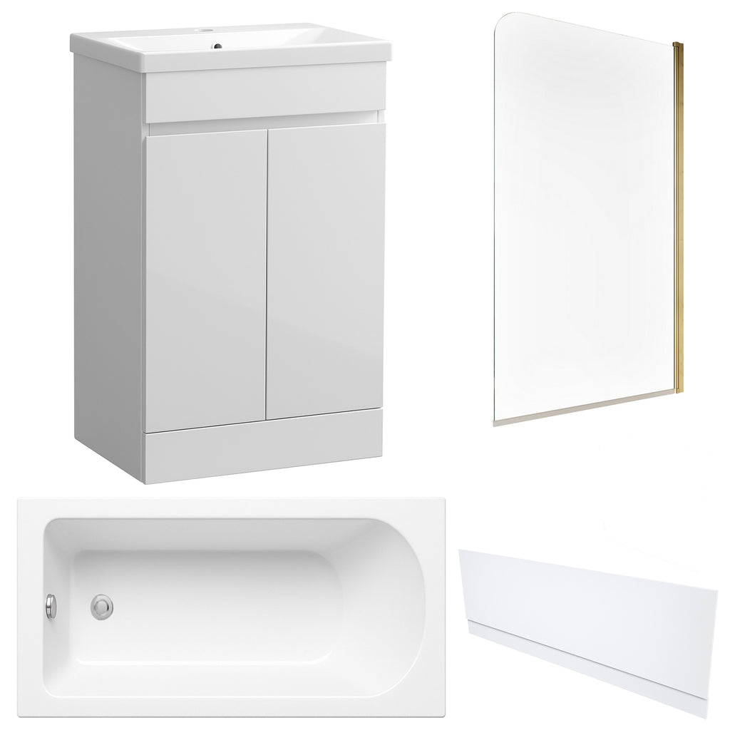 Waterproof 500mm Vanity Unit with Single Ended Bath, Gloss White Front Panel & Brushed Brass Profile Bath Screen