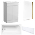 Waterproof 500mm Vanity Unit with Single Ended Bath, Gloss White Front Panel & Brushed Brass Profile Bath Screen