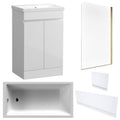 Waterproof 500mm Vanity Unit with Single Ended Bath, Gloss White Panels & Brushed Brass Profile Bath Screen