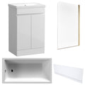 Waterproof 500mm Vanity Unit with Single Ended Bath, Gloss White Front Panel & Brushed Brass Profile Bath Screen