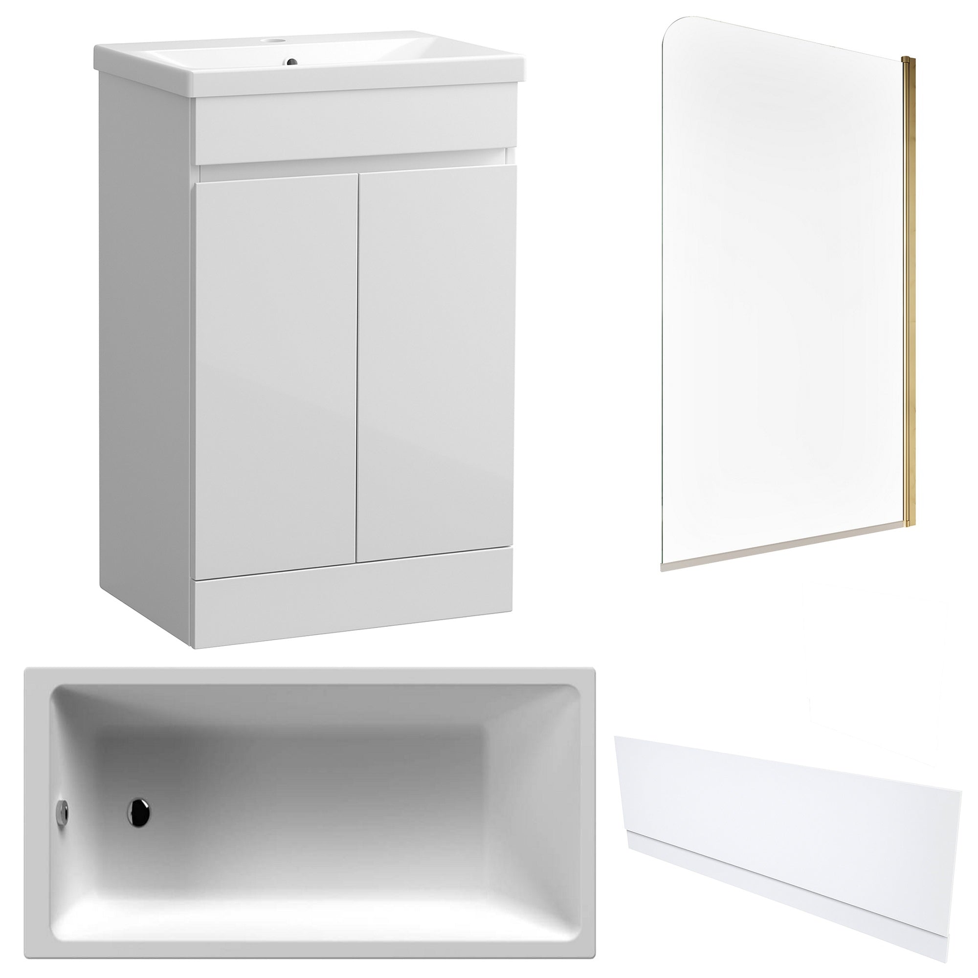 Waterproof 500mm Vanity Unit with Single Ended Bath, Gloss White Front Panel & Brushed Brass Profile Bath Screen