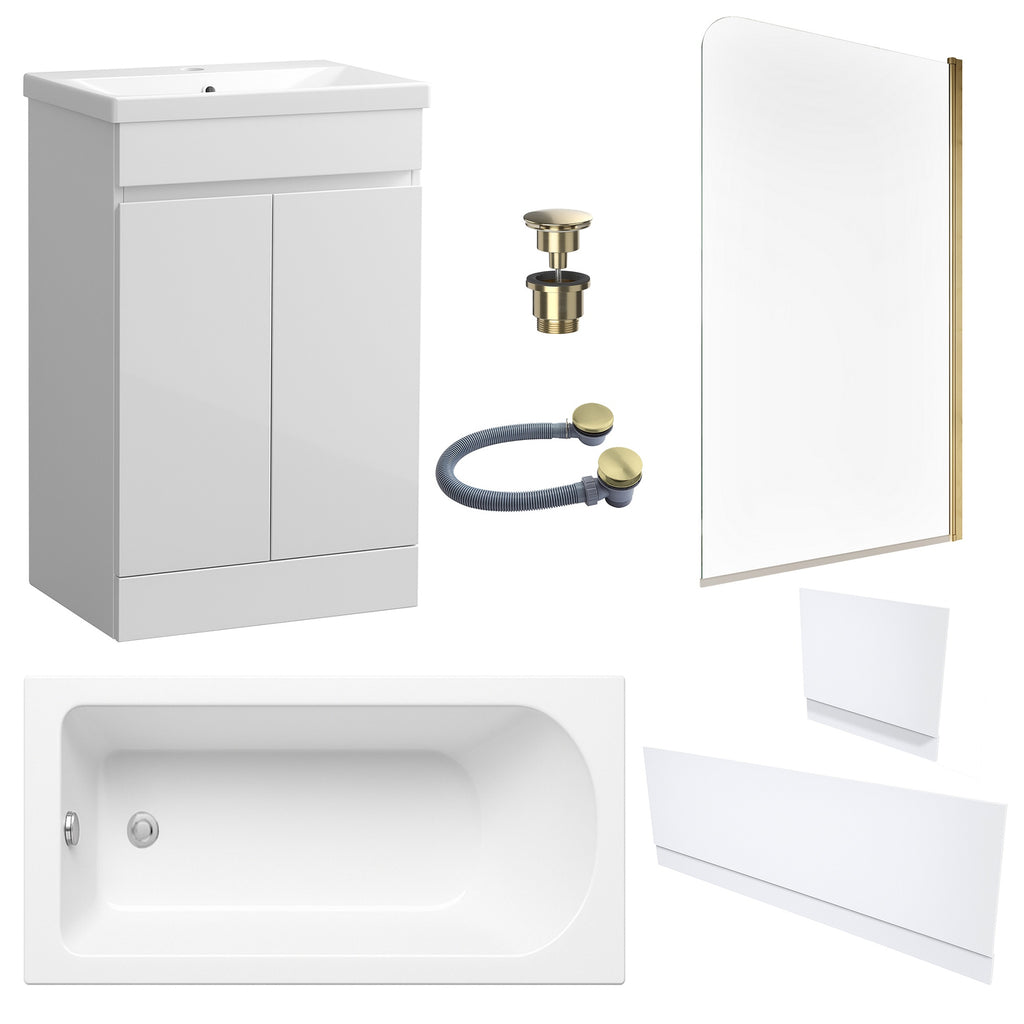 Waterproof 500mm Vanity Unit with Single Ended Bath, Gloss White Panels, Brushed Brass Screen, Bath & Universal Basin Waste