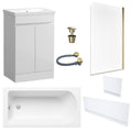 Waterproof 500mm Vanity Unit with Single Ended Bath, Gloss White Panels, Brushed Brass Screen, Bath & Universal Basin Waste