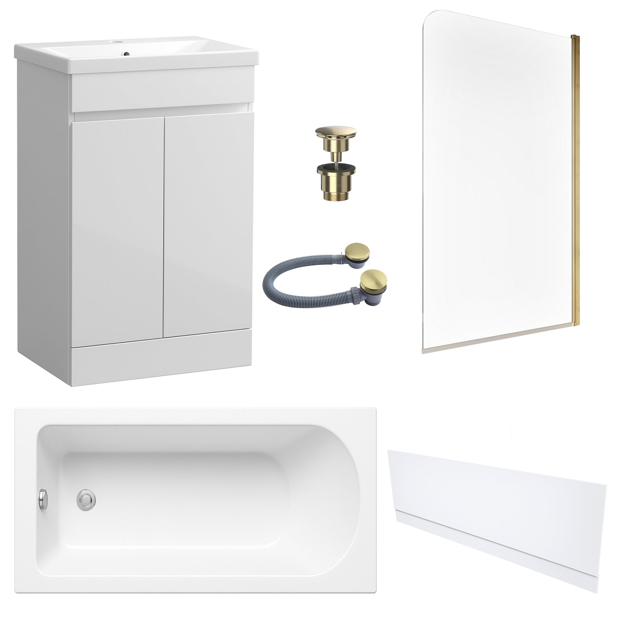 Waterproof 500mm Vanity Unit with Single Ended Bath, Gloss White Front Panel, Brushed Brass Screen, Bath & Universal Basin Waste