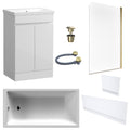 Waterproof 500mm Vanity Unit with Single Ended Bath, Gloss White Panels, Brushed Brass Screen, Bath & Universal Basin Waste