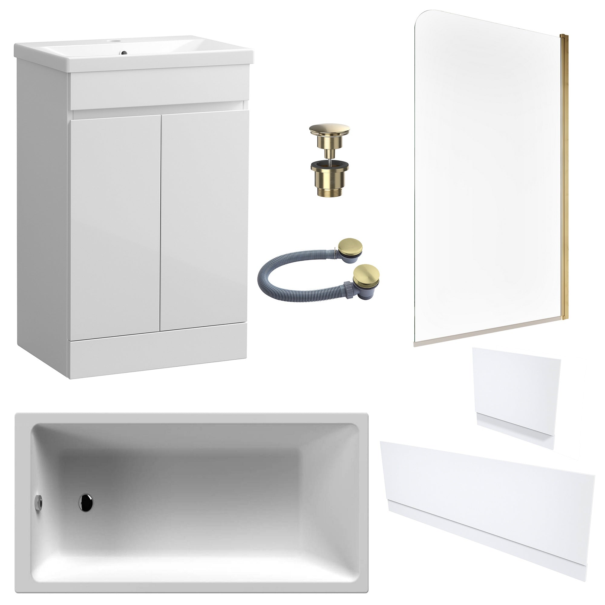 Waterproof 500mm Vanity Unit with Single Ended Bath, Gloss White Panels, Brushed Brass Screen, Bath & Universal Basin Waste