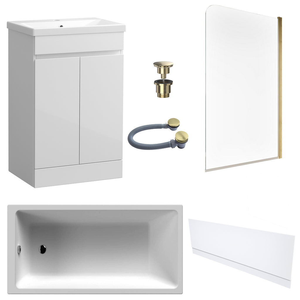 Waterproof 500mm Vanity Unit with Single Ended Bath, Gloss White Front Panel, Brushed Brass Screen, Bath & Universal Basin Waste