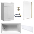 Waterproof 500mm Vanity Unit with Single Ended Bath, Gloss White Front Panel, Brushed Brass Screen, Bath & Universal Basin Waste