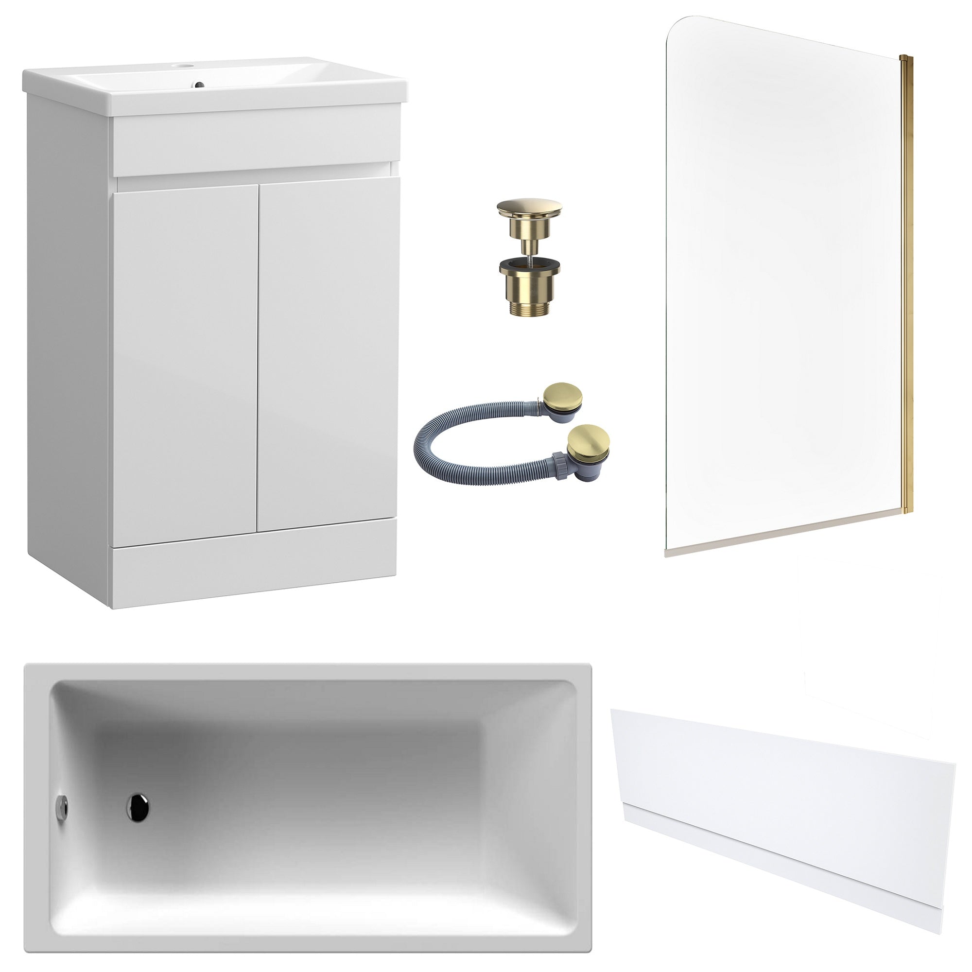 Waterproof 500mm Vanity Unit with Single Ended Bath, Gloss White Front Panel, Brushed Brass Screen, Bath & Universal Basin Waste