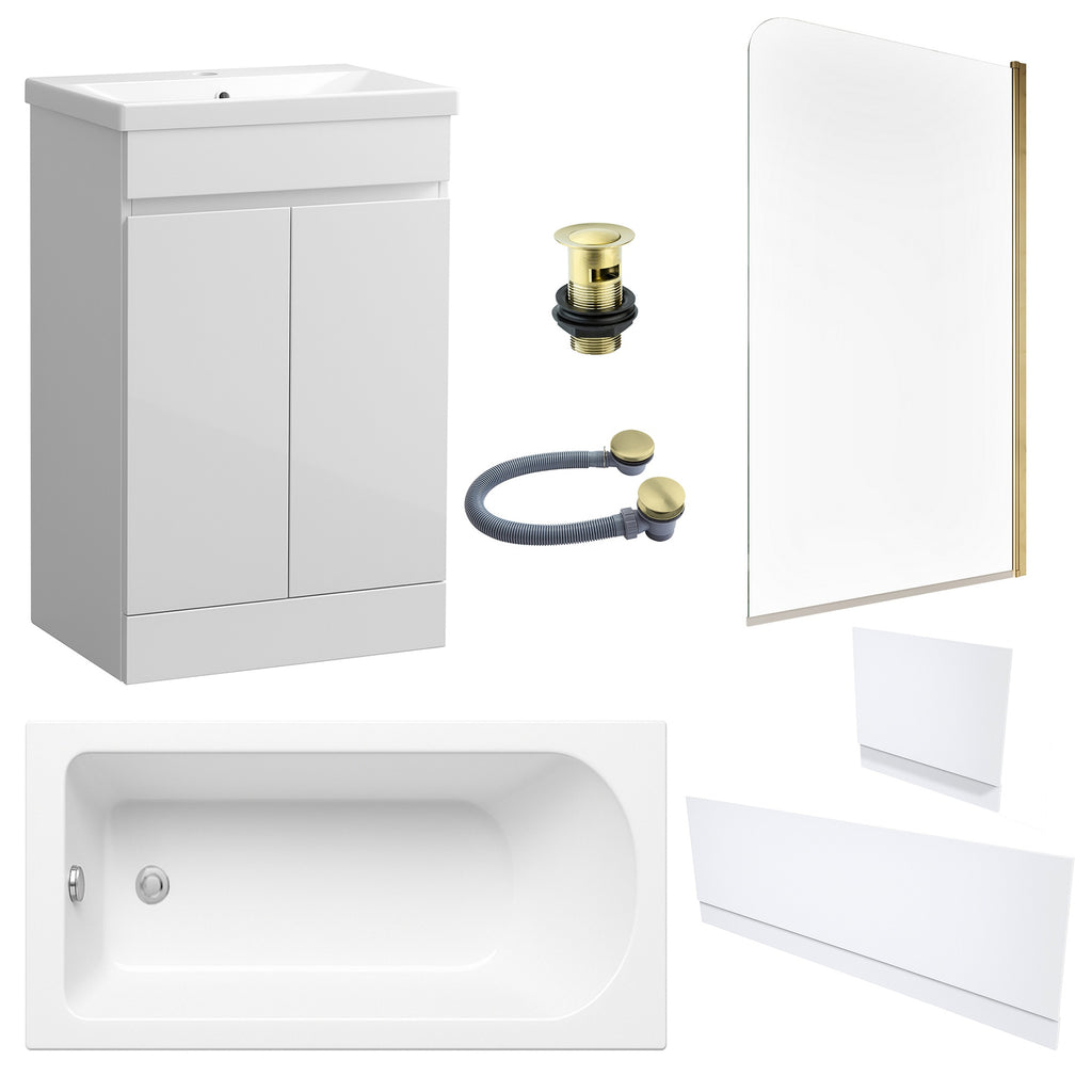 Waterproof 500mm Vanity Unit with Single Ended Bath, Gloss White Panels, Brushed Brass Screen, Bath & Slotted Basin Waste