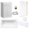 Waterproof 500mm Vanity Unit with Single Ended Bath, Gloss White Panels, Brushed Brass Screen, Bath & Slotted Basin Waste