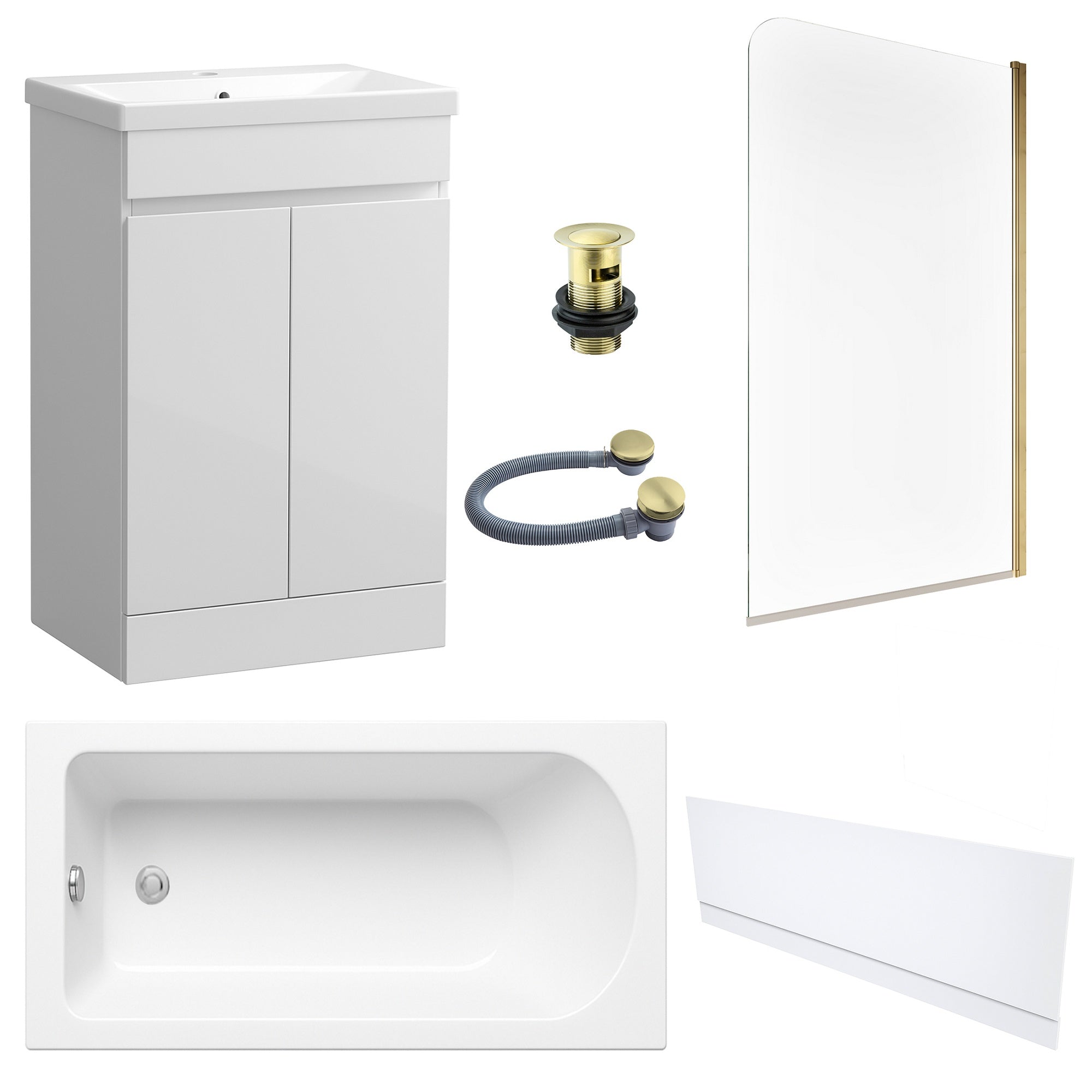 Waterproof 500mm Vanity Unit with Single Ended Bath, Gloss White Front Panel, Brushed Brass Screen, Bath & Slotted Basin Waste