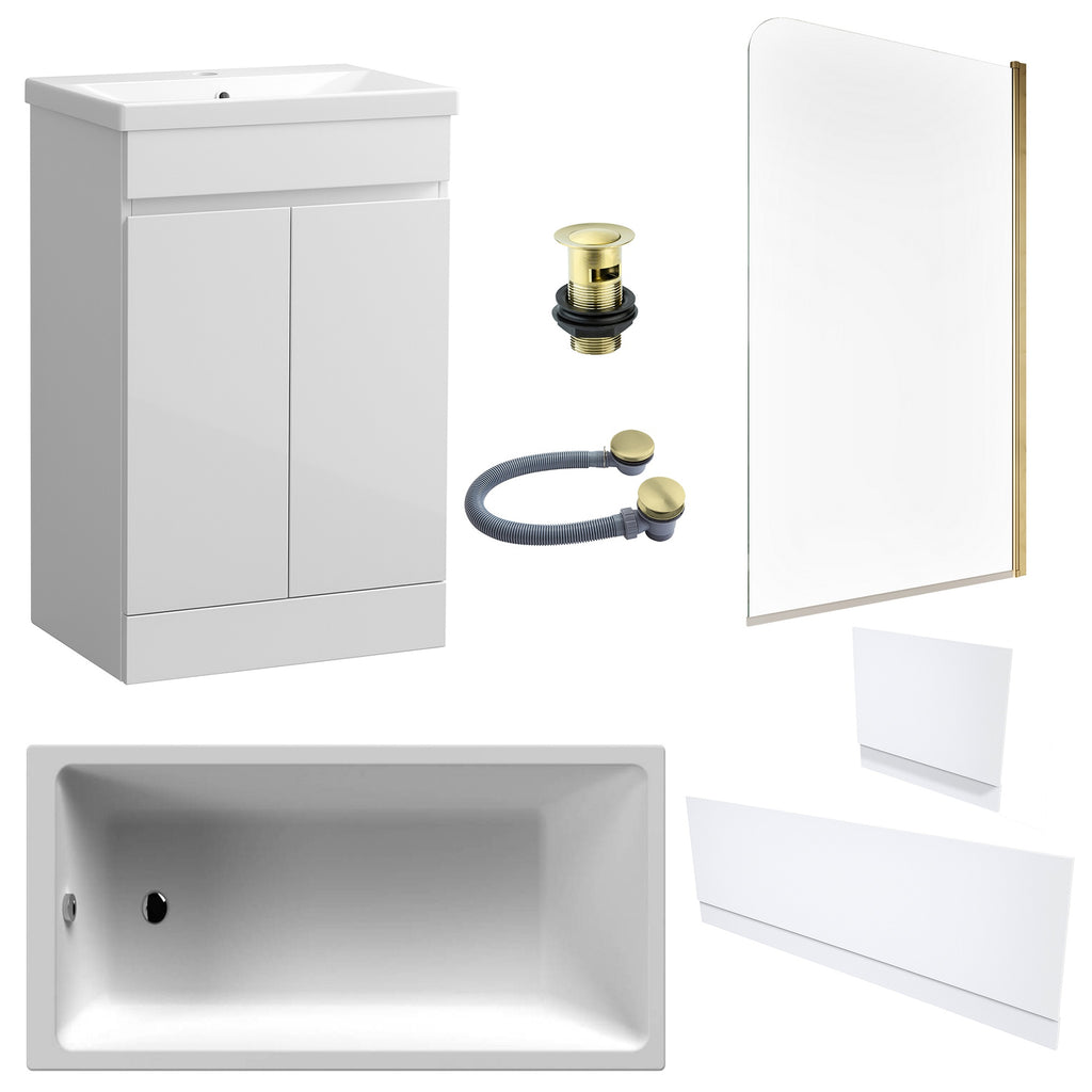 Waterproof 500mm Vanity Unit with Single Ended Bath, Gloss White Panels, Brushed Brass Screen, Bath & Slotted Basin Waste