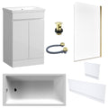 Waterproof 500mm Vanity Unit with Single Ended Bath, Gloss White Panels, Brushed Brass Screen, Bath & Slotted Basin Waste