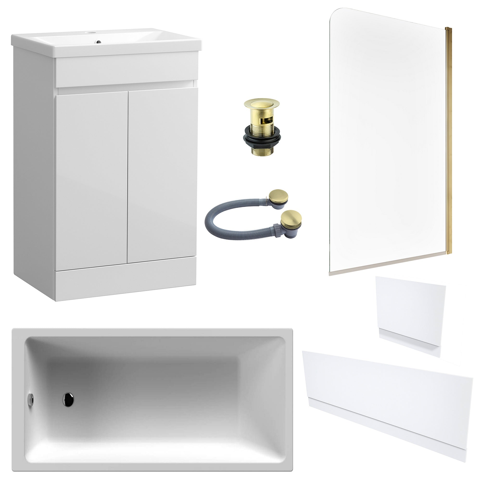 Waterproof 500mm Vanity Unit with Single Ended Bath, Gloss White Panels, Brushed Brass Screen, Bath & Slotted Basin Waste