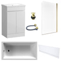 Waterproof 500mm Vanity Unit with Single Ended Bath, Gloss White Front Panel, Brushed Brass Screen, Bath & Slotted Basin Waste