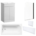 Waterproof 500mm Vanity Unit with Single Ended Bath, Gloss White Panels & Matt Black Profile Bath Screen