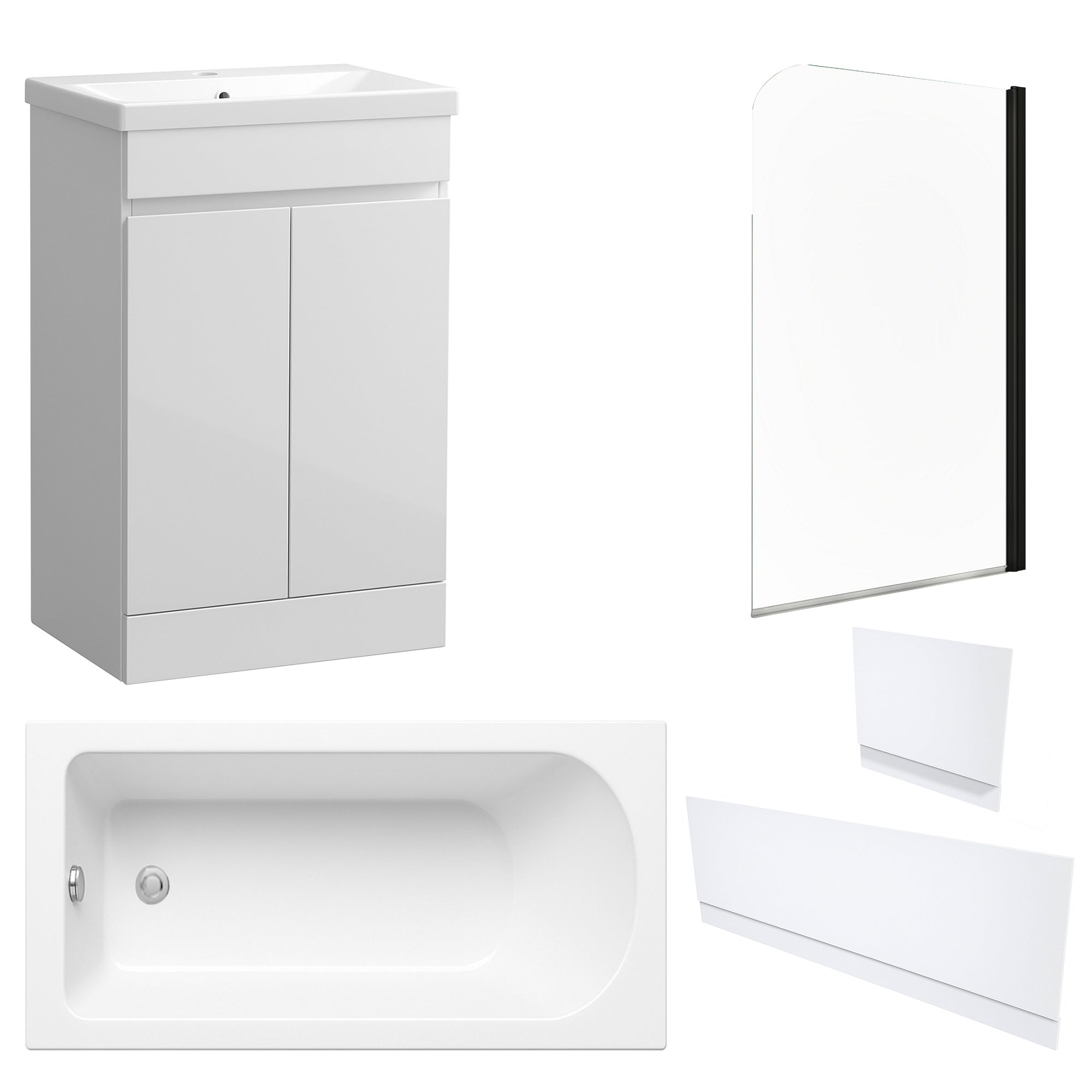 Waterproof 500mm Vanity Unit with Single Ended Bath, Gloss White Panels & Matt Black Profile Bath Screen