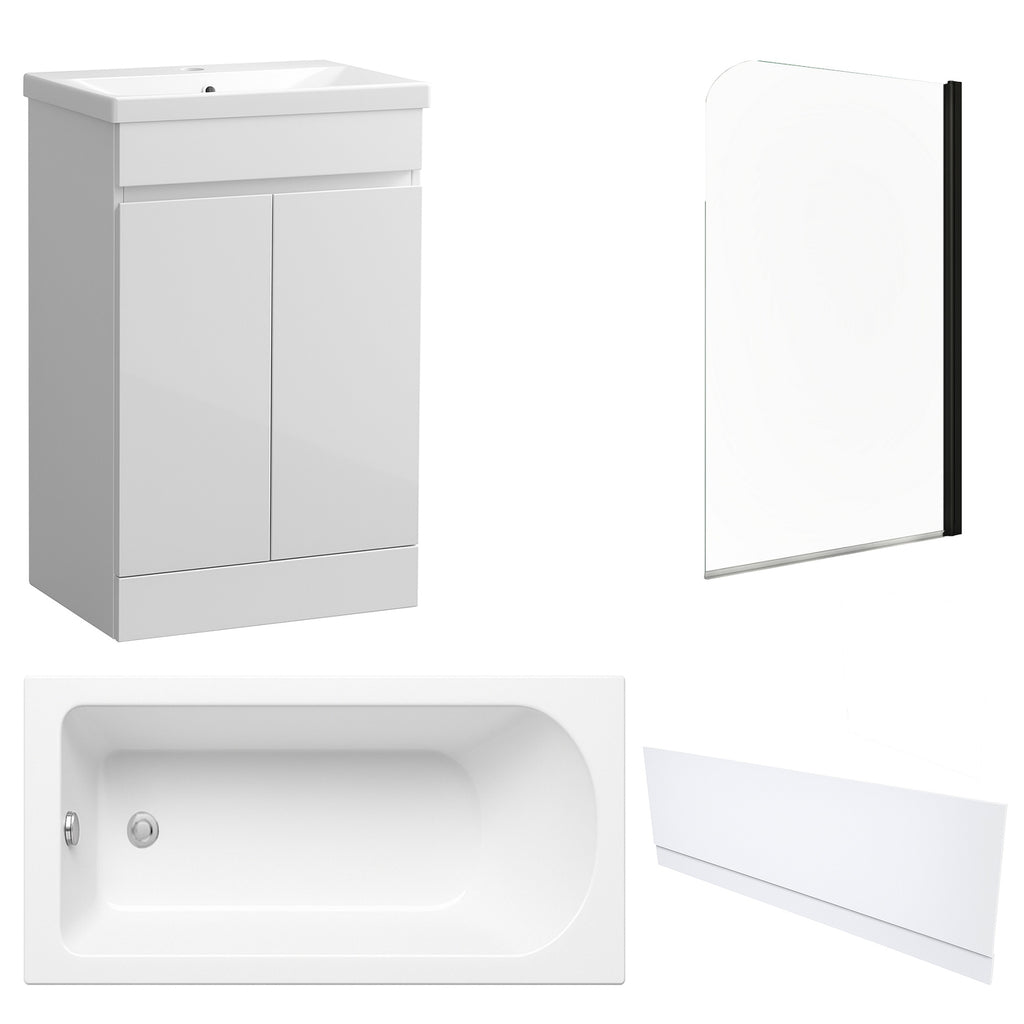 Waterproof 500mm Vanity Unit with Single Ended Bath, Gloss White Front Panel & Matt Black Profile Bath Screen