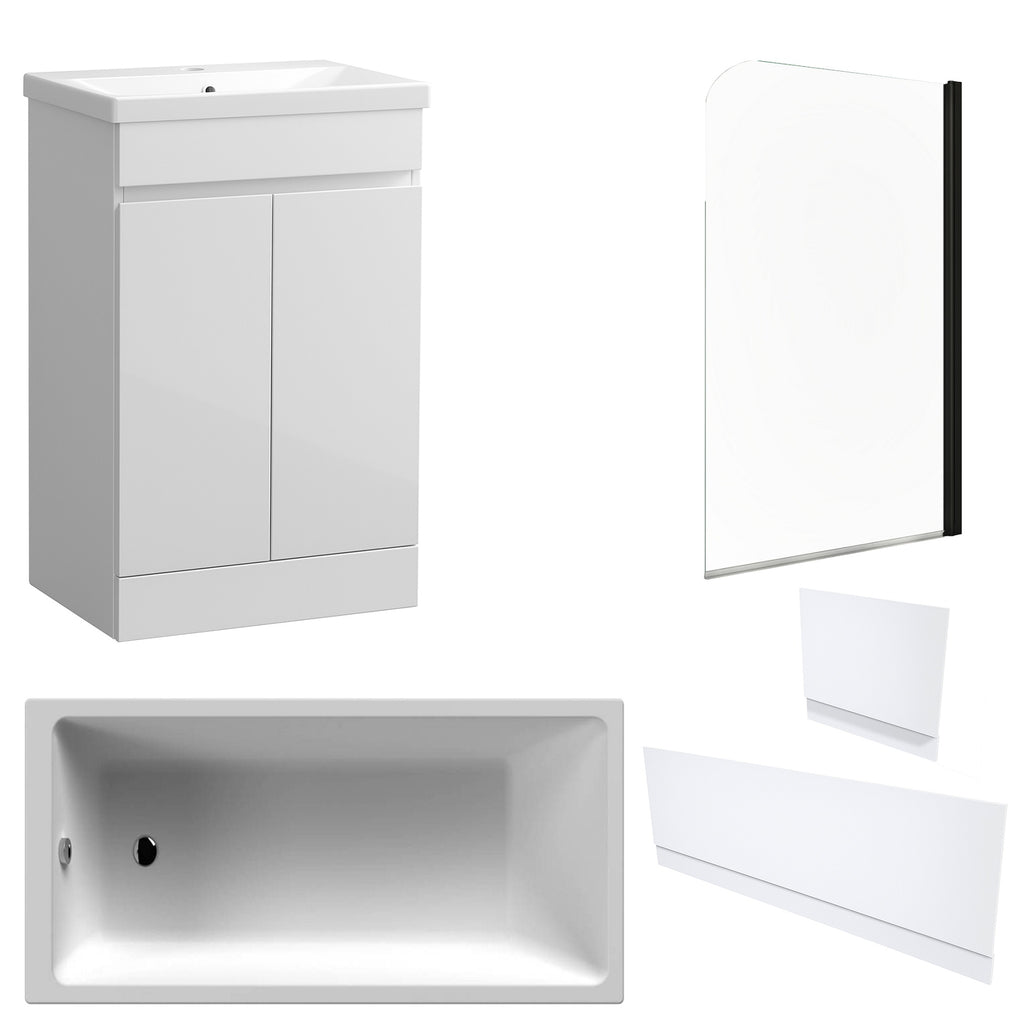 Waterproof 500mm Vanity Unit with Single Ended Bath, Gloss White Panels & Matt Black Profile Bath Screen