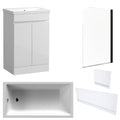 Waterproof 500mm Vanity Unit with Single Ended Bath, Gloss White Panels & Matt Black Profile Bath Screen