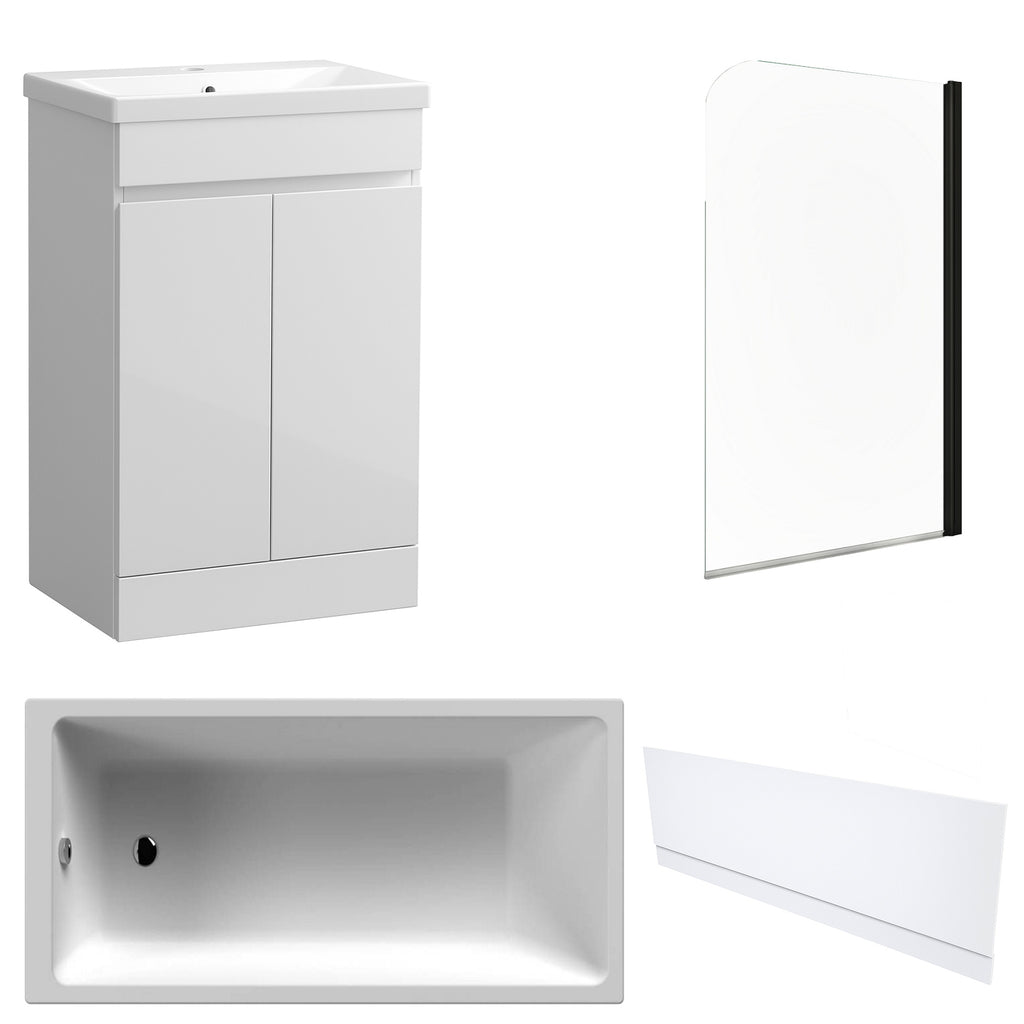 Waterproof 500mm Vanity Unit with Single Ended Bath, Gloss White Front Panel & Matt Black Profile Bath Screen