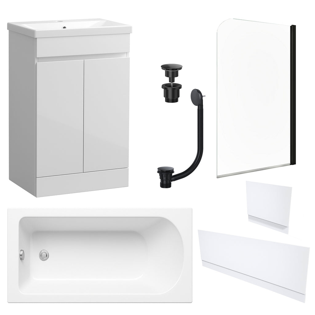 Waterproof 500mm Vanity Unit with Single Ended Bath, Gloss White Panels, Matt Black Screen, Bath & Universal Basin Waste