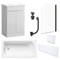Waterproof 500mm Vanity Unit with Single Ended Bath, Gloss White Panels, Matt Black Screen, Bath & Universal Basin Waste