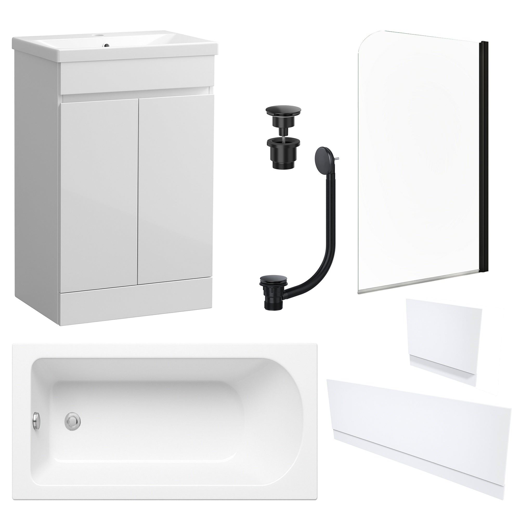 Waterproof 500mm Vanity Unit with Single Ended Bath, Gloss White Panels, Matt Black Screen, Bath & Universal Basin Waste