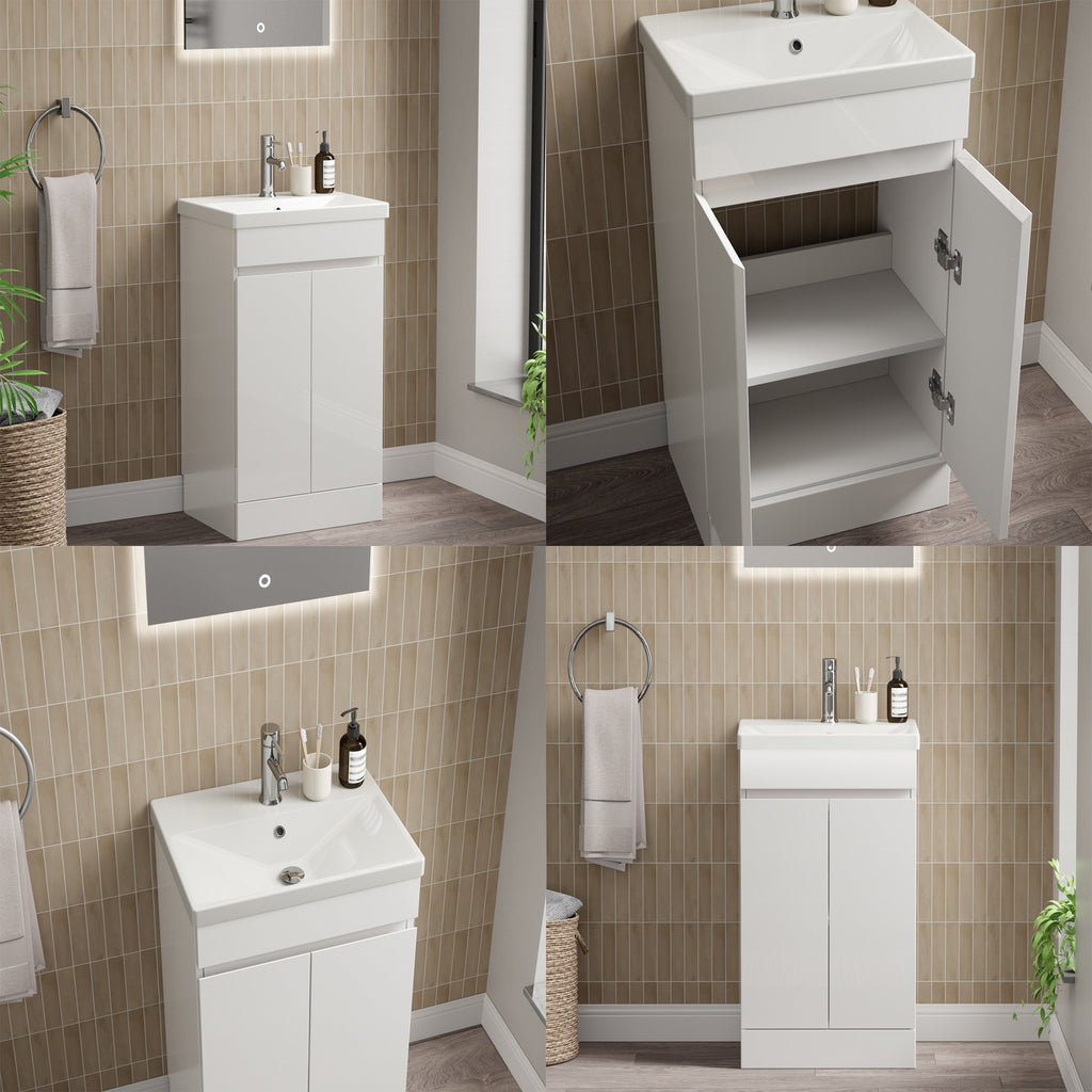 Waterproof 500mm Vanity Unit with Single Ended Bath, Gloss White Panels, Matt Black Screen, Bath & Universal Basin Waste