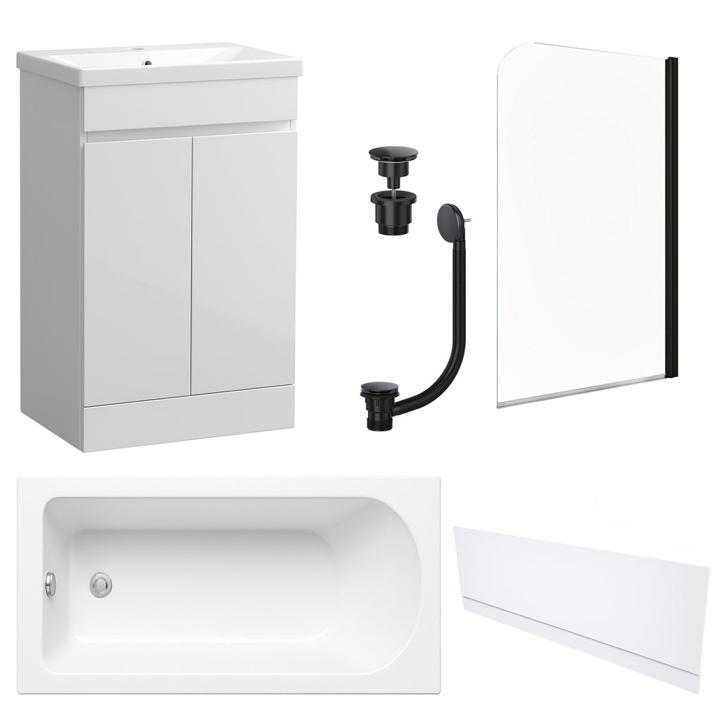 Waterproof 500mm Vanity Unit with Single Ended Bath, Gloss White Front Panel, Matt Black Screen, Bath & Universal Basin Waste