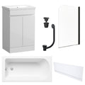 Waterproof 500mm Vanity Unit with Single Ended Bath, Gloss White Front Panel, Matt Black Screen, Bath & Universal Basin Waste