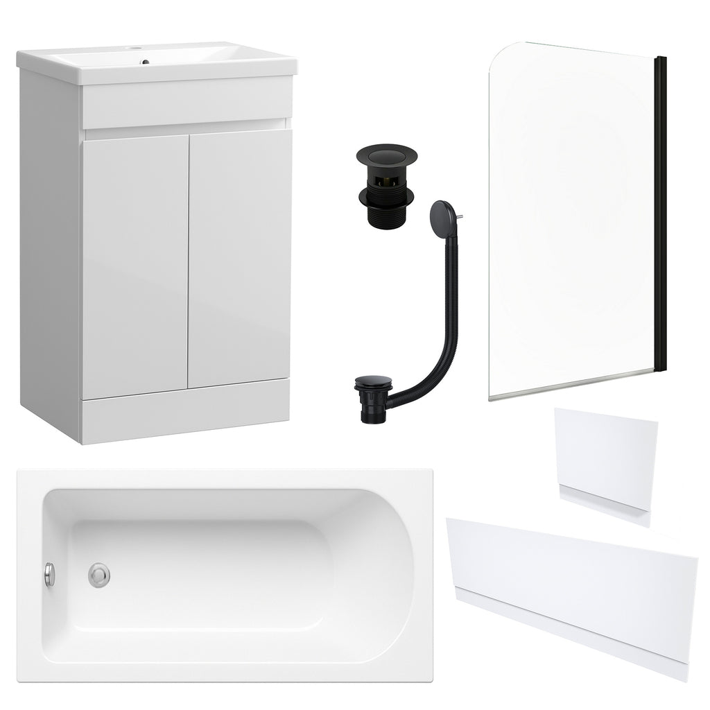Waterproof 500mm Vanity Unit with Single Ended Bath, Gloss White Panels, Matt Black Screen, Bath & Slotted Basin Waste