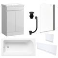 Waterproof 500mm Vanity Unit with Single Ended Bath, Gloss White Panels, Matt Black Screen, Bath & Slotted Basin Waste