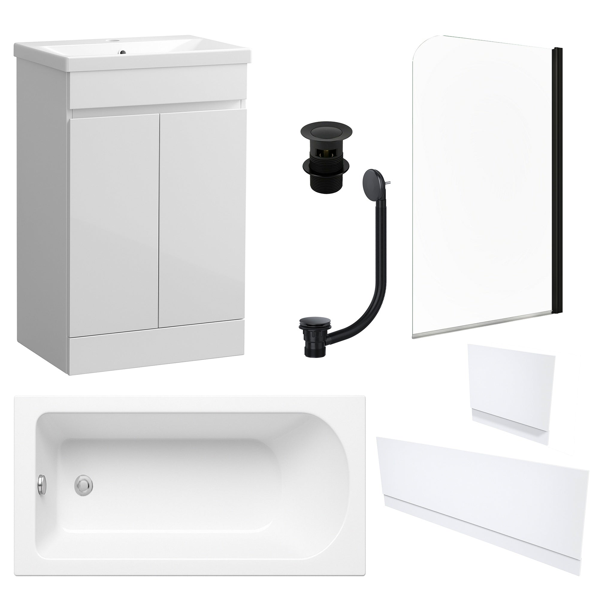 Waterproof 500mm Vanity Unit with Single Ended Bath, Gloss White Panels, Matt Black Screen, Bath & Slotted Basin Waste